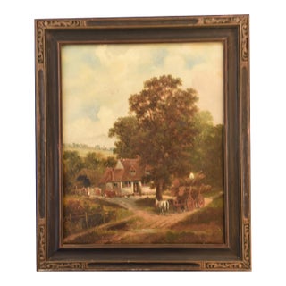 1990s Rural Homestead With Cart and Livestock, Oil on Canvas For Sale