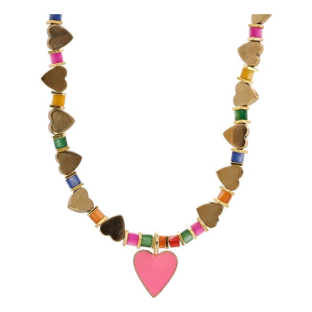 Pink Heart Pendant Gold Heart Beaded Colorful Necklace For Sale