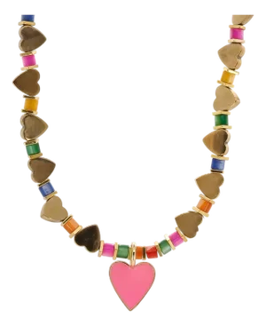 Pink Heart Pendant Gold Heart Beaded Colorful Necklace