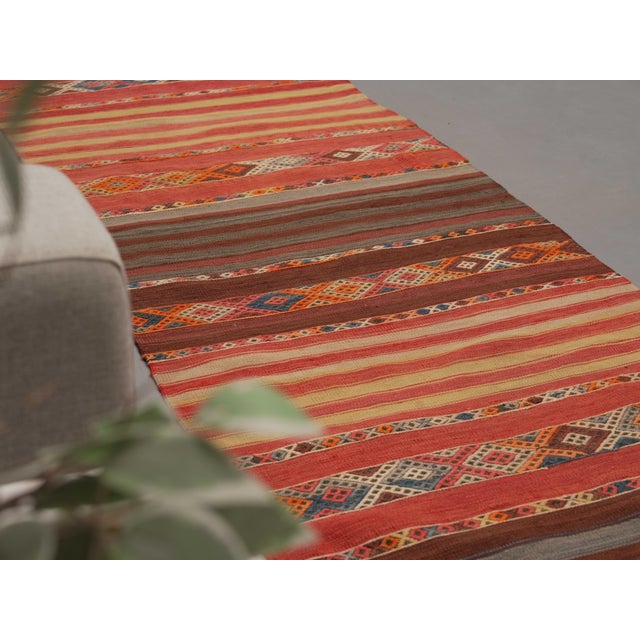 Boho Chic 1970s Vintage Handmade Wool Cotton Red Runner Rug For Sale - Image 3 of 11