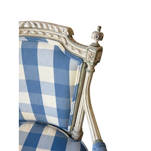 Mid 20th Century Carved Armchair With Blue Gingham Upholstery For Sale - Image 9 of 12