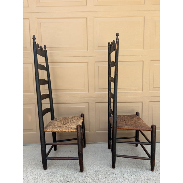 Pair of Antique Black Painted Shaker Ladder Back Chairs With Rush Seats For Sale - Image 18 of 18