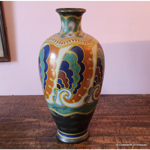 Gouda Pottery Rare Monumental Antique Art-Nouveau Dutch Holland Large Gouda Pottery Vase #711 C1918 For Sale - Image 4 of 14