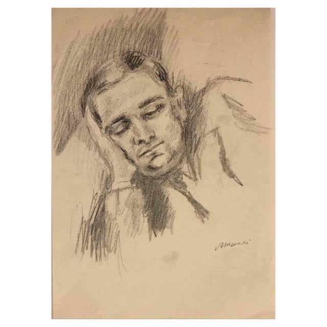Mino Maccari, Portrait of Sleeping Man, Drawing, Mid-20th Century For Sale