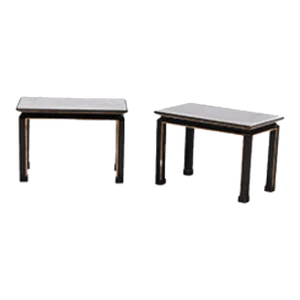 A Pair of French Ebonized and Giltwood Marble Top End Tables C 1950 in the Manner of James Mont.