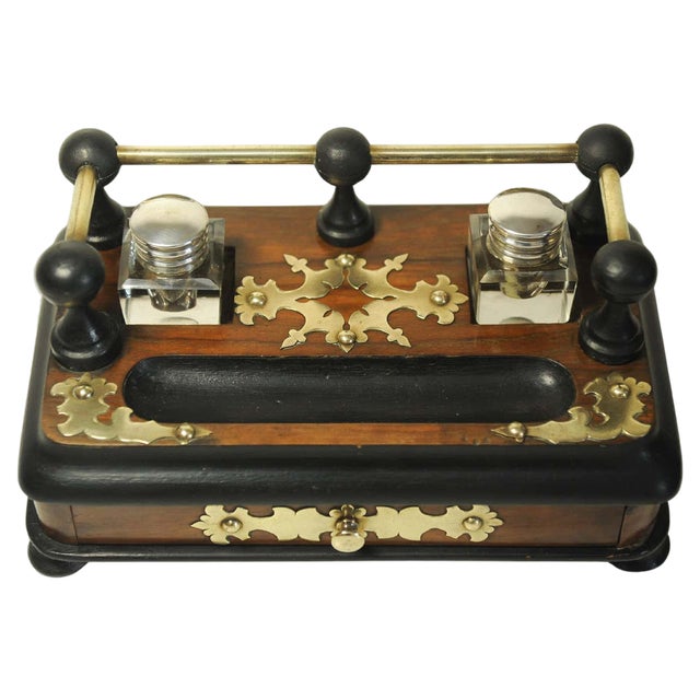 Victorian Ebonised Desk Set with Two Cut Glass Inkwells, Set of 6 For Sale