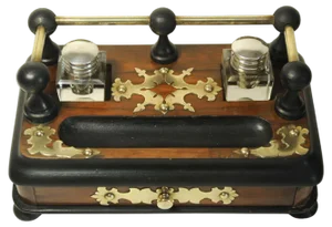 Victorian Ebonised Desk Set with Two Cut Glass Inkwells, Set of 6