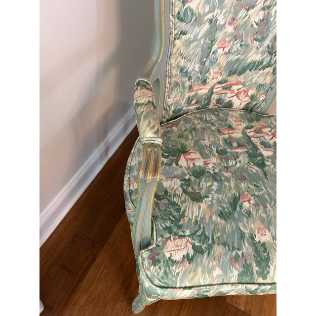 Sky Blue Mid 20th Century Louis XV Style French Bergere Chair With Floral Upholstery For Sale - Image 8 of 12