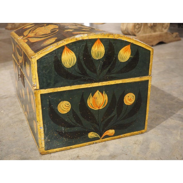 19th Century Hand Painted Polychrome Trunk With Floral Decor, Normandy France For Sale - Image 9 of 18