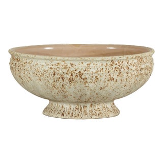 Large Artisan Ceramic Bowl with Cream and Sand Textured Glaze on Pedestal Base For Sale