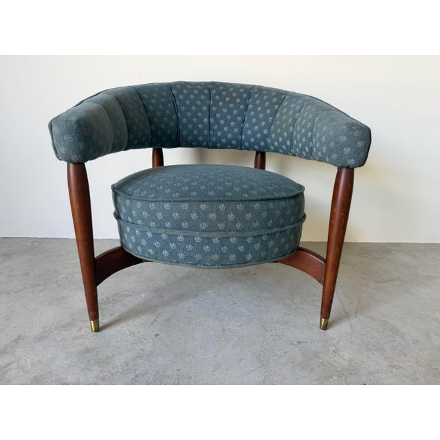 1970s 1960s Mid-Century Modern Floating Barrel Lounge Chair in Teal Upholstery With Walnut Frame & Brass Sabots For Sale - Image 5 of 12