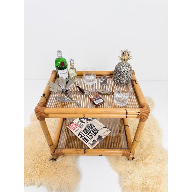 Gold Mid-Century Modern Italian Bamboo Cane and Rattan Bar Cart, 1970s For Sale - Image 8 of 18
