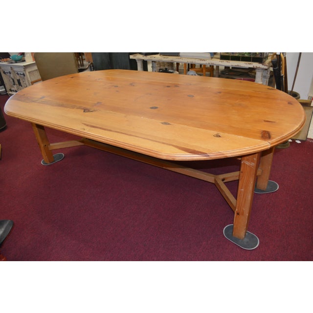 Farmhouse Vintage Heavy Pine Wood Irish Wake Table Drop Leaf Long Oval Dining Kitchen Farmhouse Work For Sale - Image 3 of 13