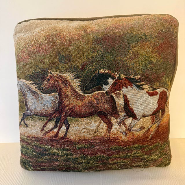Cabin Vintage Rustic Equestrian Tapestry Horse Pillows, a Pair For Sale - Image 3 of 7