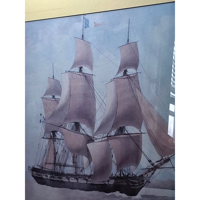 Wood Late 20th Century Antoine Roux Maritime Print French 74 Mont Blanc Marseille Ship 1803 Framed For Sale - Image 7 of 11