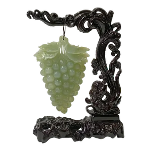 Chinese Natural Stone Grapes Shape Wood Stand Display Art