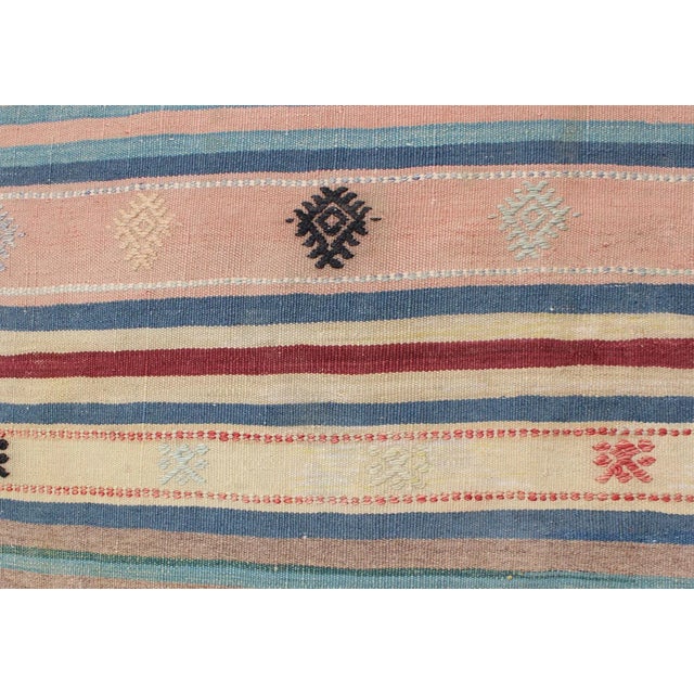 Baby Blue Mid 20th Century Colorful Vintage Turkish Kilim Rug With Horizontal Stripes and Tribal Designs For Sale - Image 8 of 12