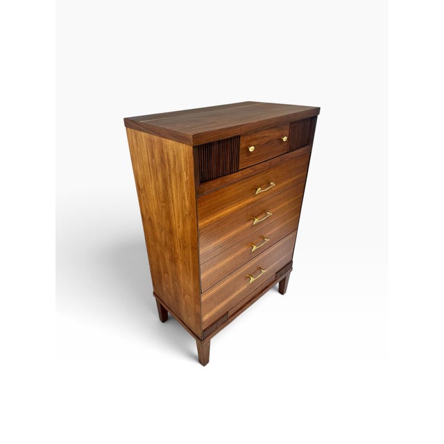 Refinished 1960s Mid Century Modern Walnut Tallboy Dresser | Vintage Walnut Crescent Series S-2430 Highboy Chest | Fluted Louvered Accent Drawer For Sale - Image 4 of 12