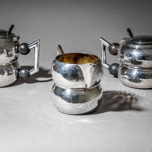 20th Century Art Deco Three-Piece Tea and Coffee Service with Hammered Surface, 1990s, Set of 3 For Sale - Image 4 of 14