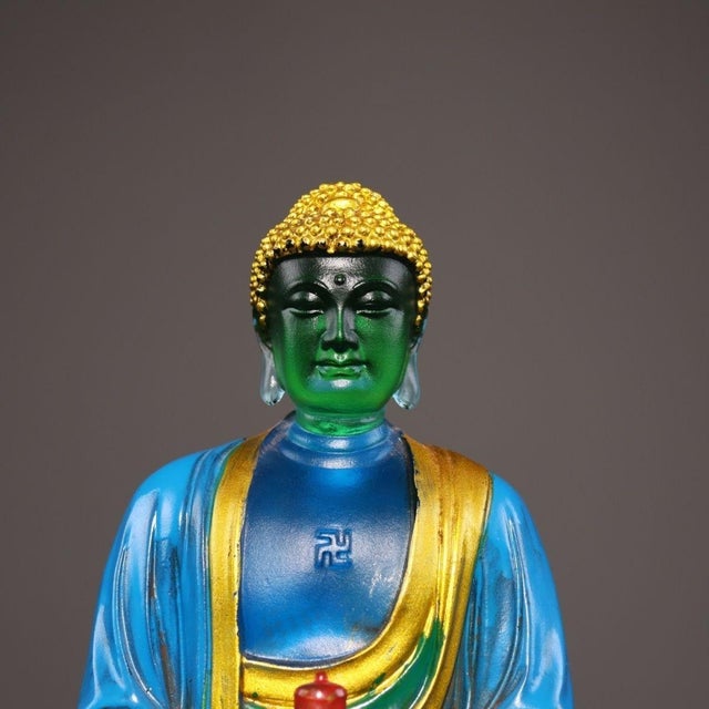 Late 20th Century Late 20th Century Gilt Painted Liuli Glass Seated Shakyamuni Buddha Sculpture on Lotus Base For Sale - Image 5 of 9