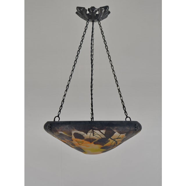 Metal Large French Art Deco Pendant Light by Daum & Majorelle - 1925 Cameo Chandelier France For Sale - Image 7 of 15