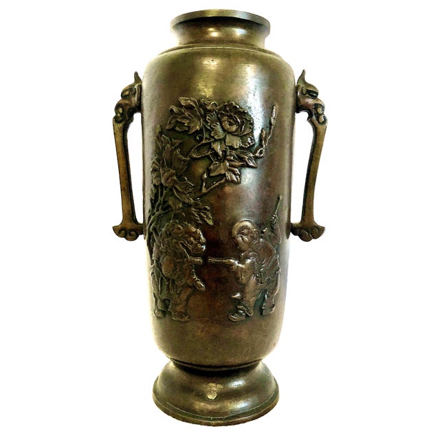 Japanese Meiji Era Patinated Bronze Vase With Peonies and a Child For Sale - Image 9 of 15
