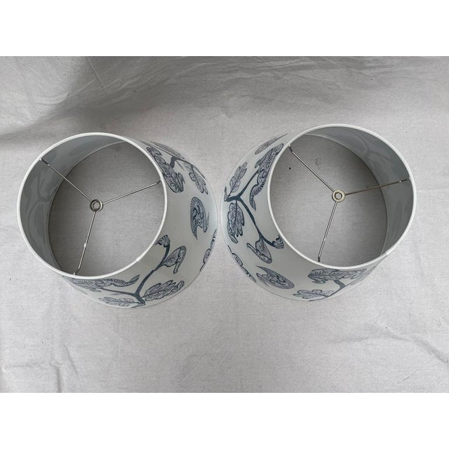 Metal Blue and White Decoupage Lamp Shades a Pair For Sale - Image 7 of 12