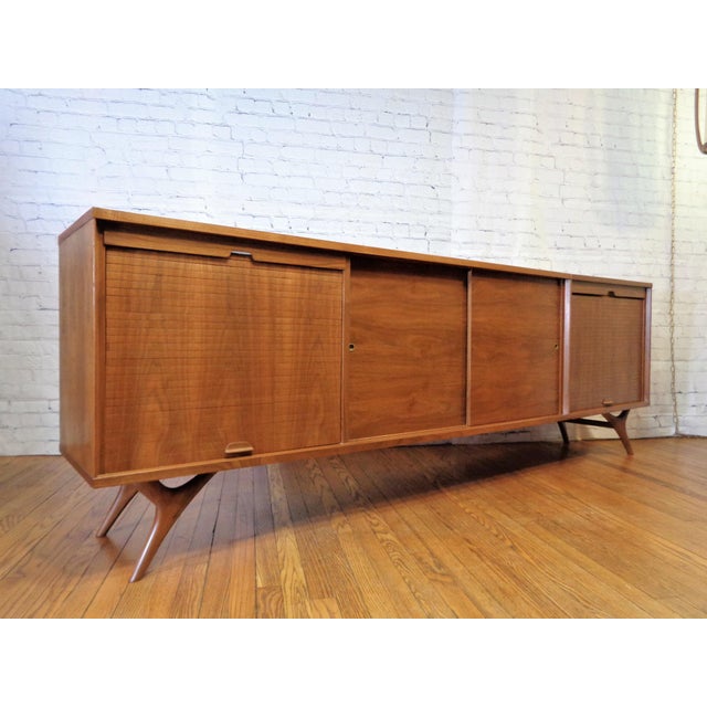 Mid Century Modern Black Walnut Tambour Door Media Credenza