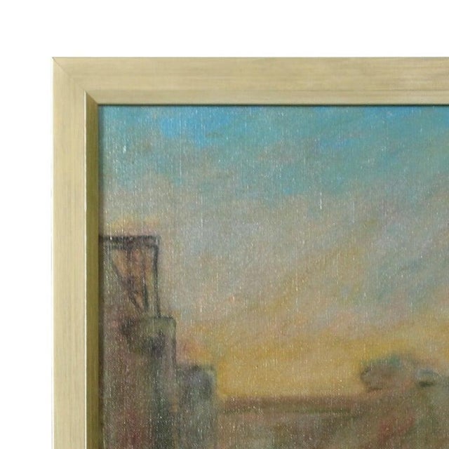 A lovely painting in the impressionist style capturing a scene of Parisian rooftops and buildings, accented by blooming...