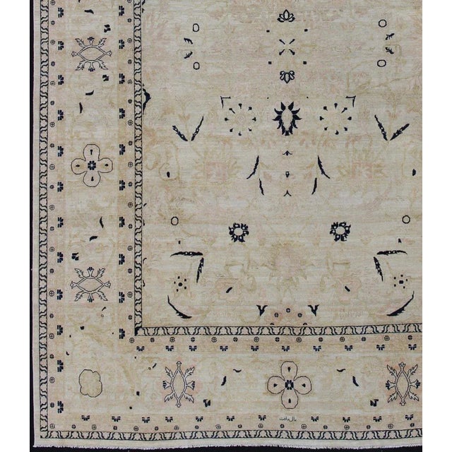 Measures: 12' x 17'4. Vintage Tabriz Rug with Beige Field and Deep Indigo Accents Geometric Design. Keivan Woven Arts/ rug...