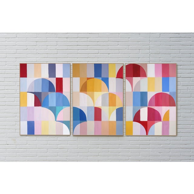 "Primary Arcs and Curves” is a striking triptych that channels the spirit of the Bauhaus movement through precise...