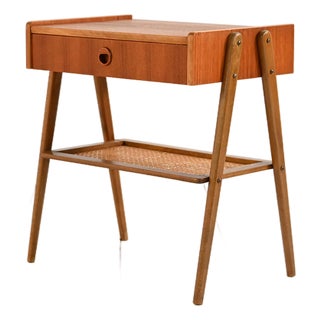 Scandinavian Teak Bedside Table with Rattan Shelf, 1950s For Sale