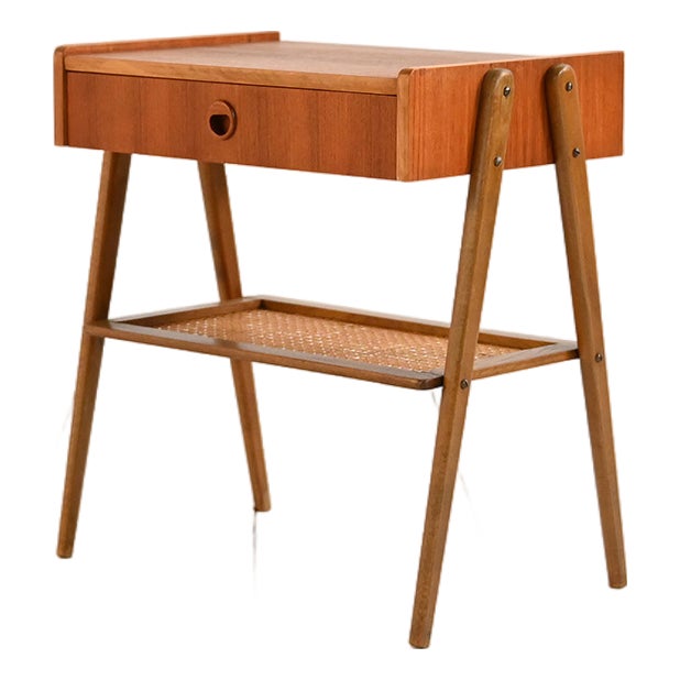 Scandinavian Teak Bedside Table with Rattan Shelf, 1950s For Sale
