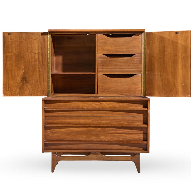 Young Manufacturing Mid Century Walnut Curved Highboy Dresser For Sale - Image 9 of 9