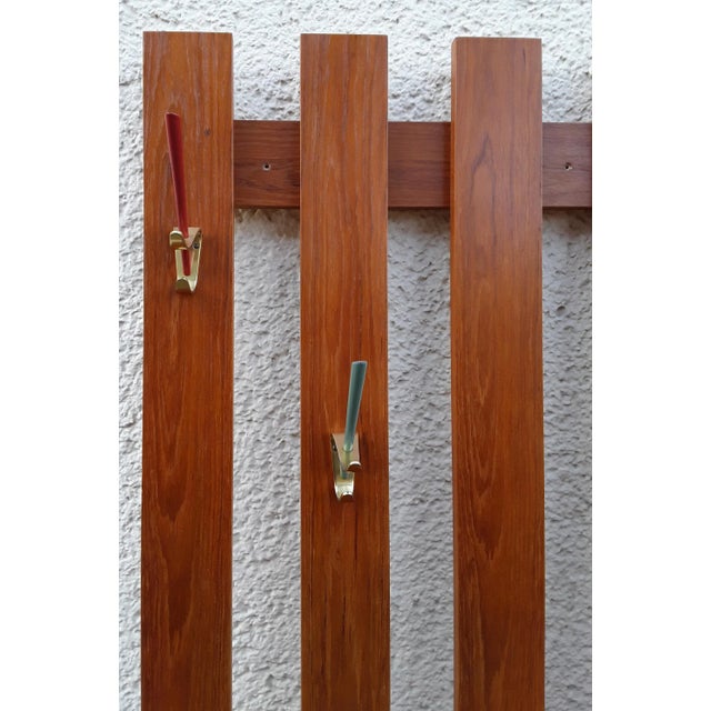 Teak Wall Rack with Brass & Colored Plastic Hooks, 1970s For Sale - Image 3 of 5
