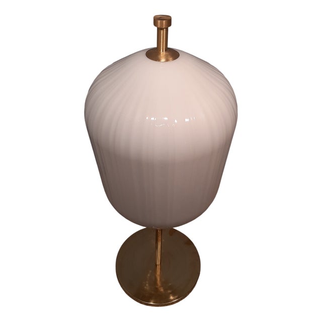 Satin Brass & Large Ribbed Milky Glass Floor Lamp For Sale