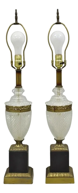 Vintage French Empire Hollywood Regency Cut Glass Crystal Urn Table Lamps - Pair