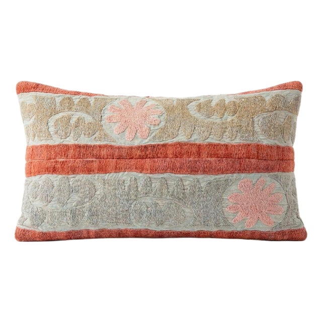 Embroidered Suzani Lumbar Pillow Cover 13'' X 22'' For Sale