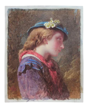 Henry Lejeune Portrait of Girl with Blue Fascinator Watercolor 19th Century