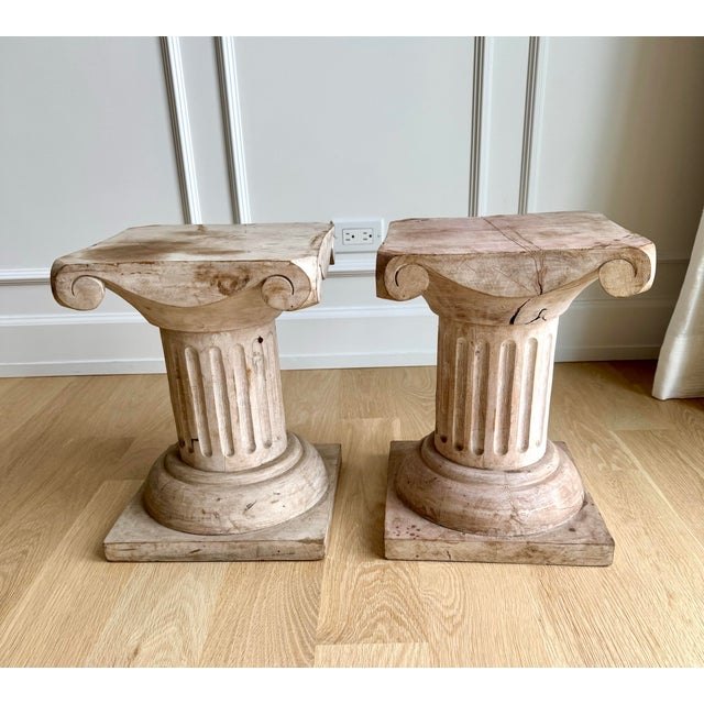 Wood Pair of Vintage Sculptural Carved Wood Ionic Column Side Tables / Architectural Pedestals For Sale - Image 7 of 12