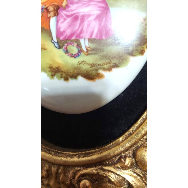 Early 20th Century Antique Florentine Porcelain Courting Couple Scene Gold Frame Fragonard Brass Metal Backing For Sale In Greensboro - Image 6 of 10