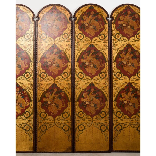 Spanish Colonial Baroque Style Painted Leather Eight Panel Screen For Sale - Image 4 of 18