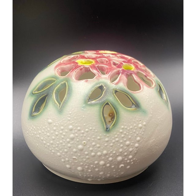 Shabby Chic Vintage 1989 Signed 5” Clouds Folsom Pottery Flower Frog Potpourri Floral Cutout For Sale - Image 3 of 7