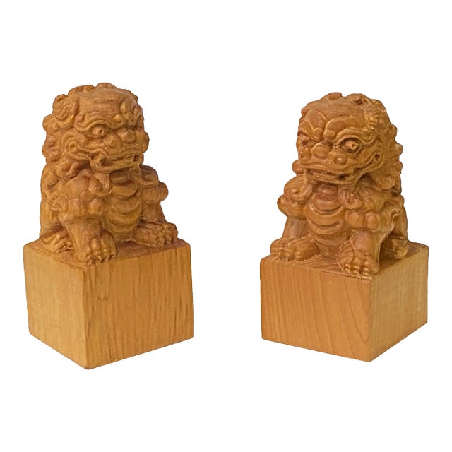 Chinese Pair Wood Carved Mini Foo Dogs Lions FengShui Figures For Sale