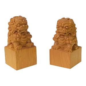Chinese Pair Wood Carved Mini Foo Dogs Lions FengShui Figures