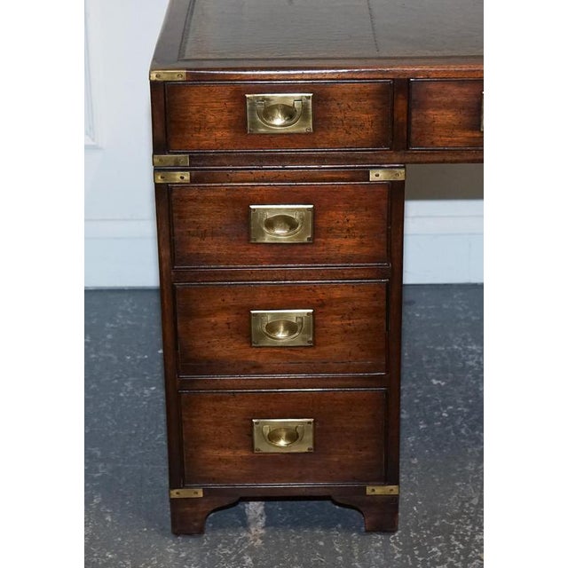 Military Campaign Twin Pedestal Desk with Aged Green Leather Top from Bevan Funell For Sale - Image 3 of 14
