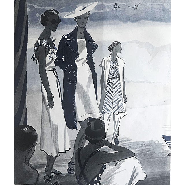 This is a 1936 set of 2 Art Deco fashion prints that feature beachwear. They originally appeared in a haute couture French...