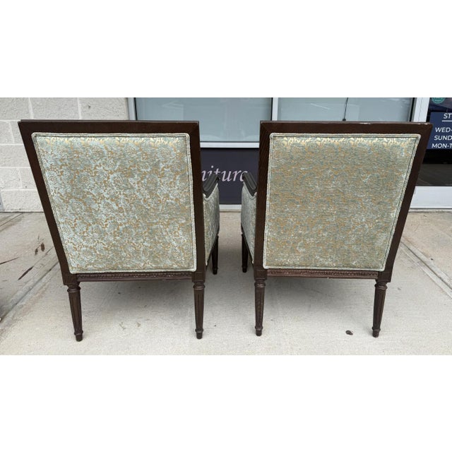 Pair of Ethan Allen Giselle Cut-Velvet Upholstered Bergère Chairs For Sale In Raleigh - Image 6 of 16
