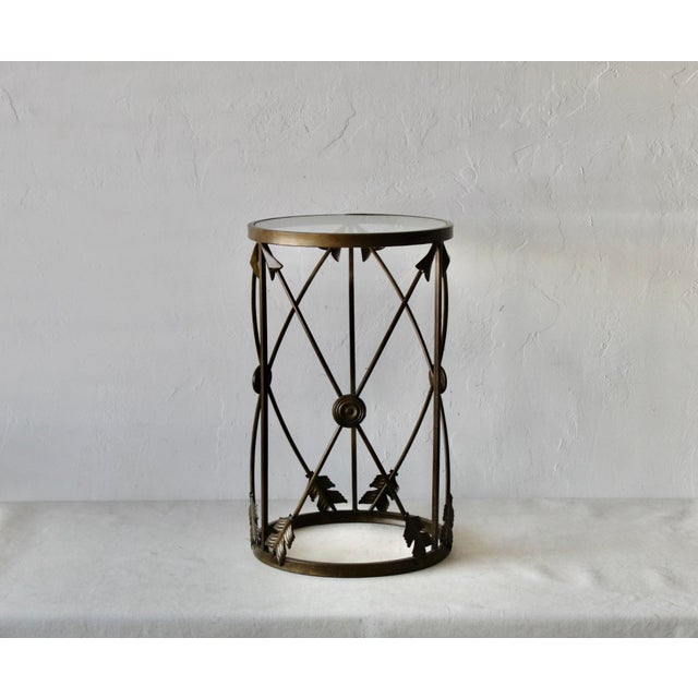 Vintage French Empire Style Arrows Target Brushed Patina Bronze Finsh Metal Glass Side Drinks Table. Nice detaileds, in...