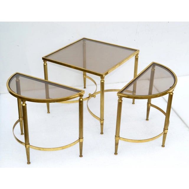 1960s Maison Lancel Brass & Smoked Glass Three Parts Coffee Table Mid-Century Modern For Sale - Image 5 of 13